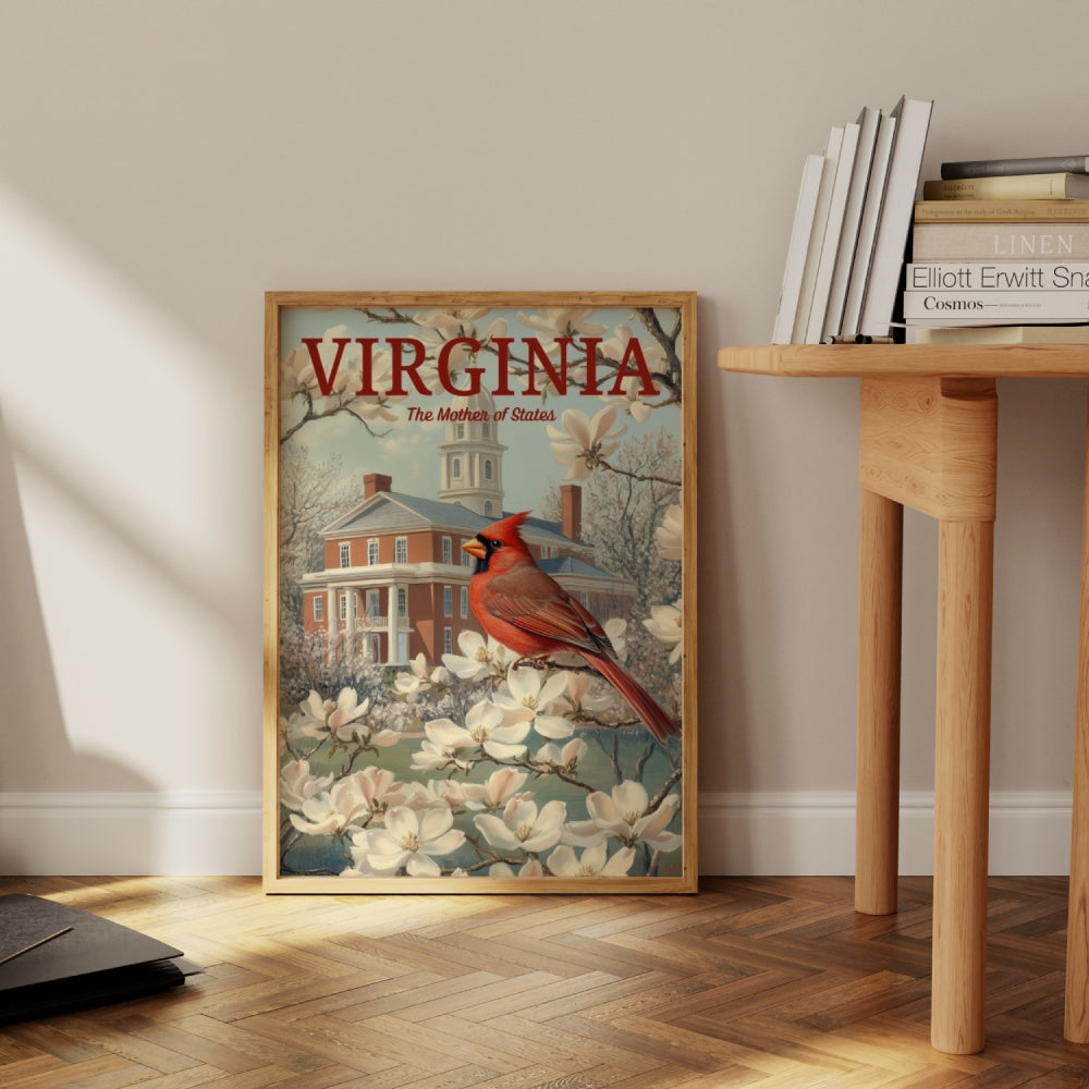 a vintage travel poster, featuring a Virginia Northern Cardinal perched on a tree of dogwood and magnolia flowers