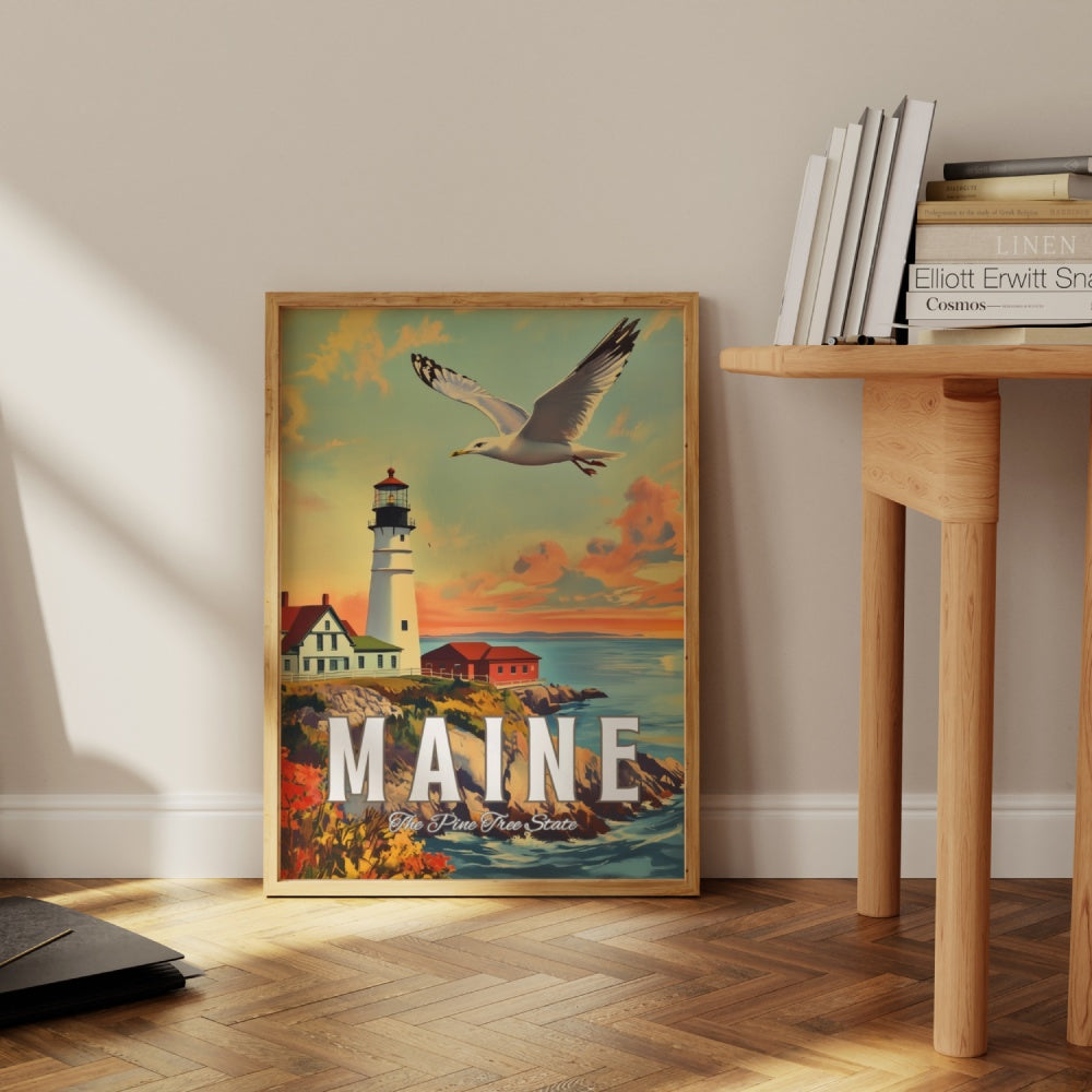 "Maine", a vintage travel poster, featuring a seagull flying next to the Portland Head Light