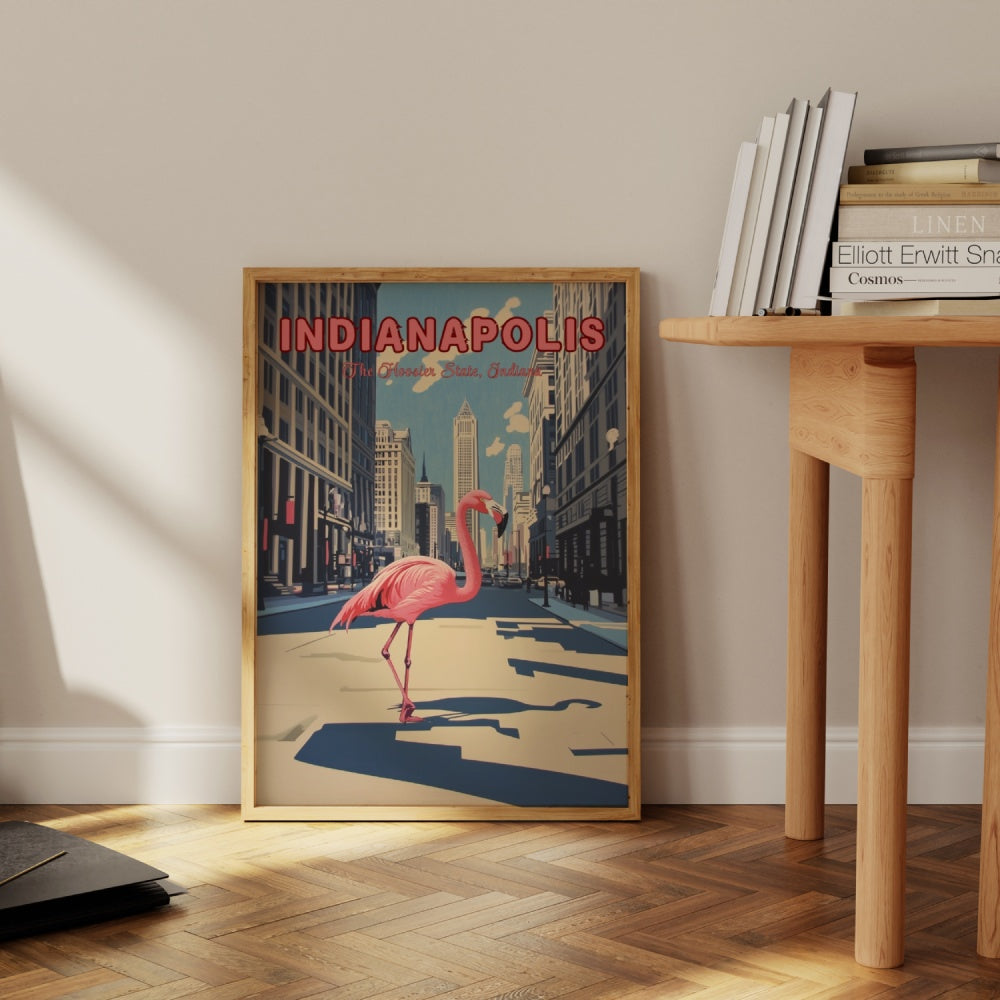 "Indianapolis", a vintage travel poster, featuring a pink flamingo walking in the streets of Indianapolis, Indiana.