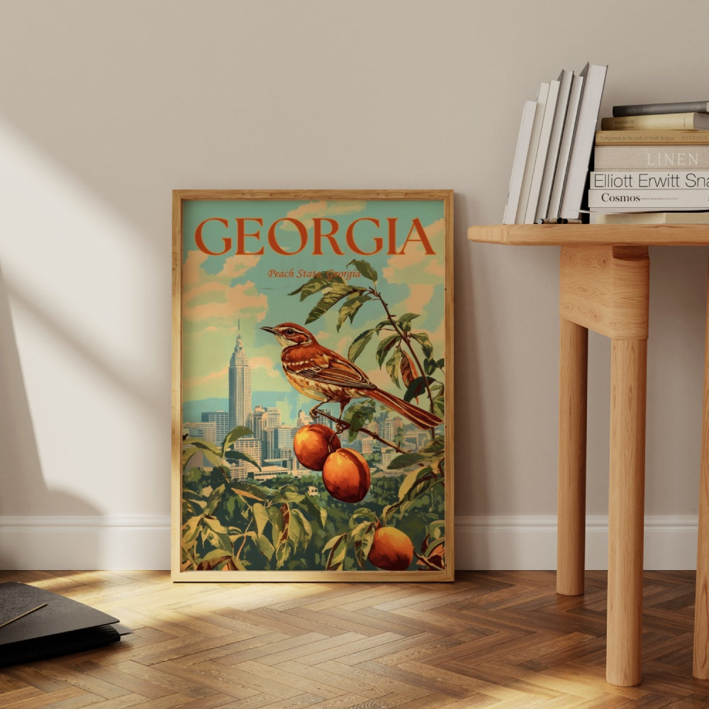 "Georgia", a vintage travel poster, featuring a Brown thrasher perched on a peach tree in Atlanta.