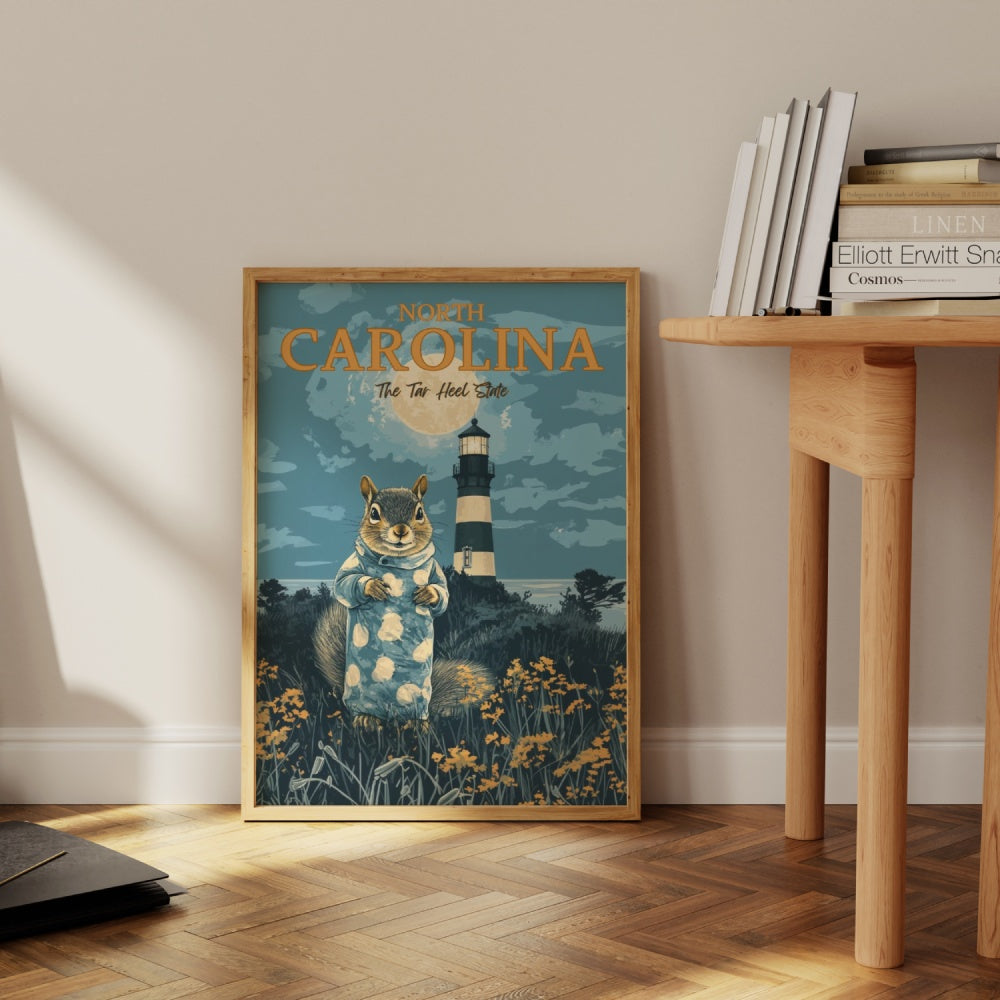 A vintage travel poster of North Carolina, featuring a squirrel wearing a onesie by a lighthouse