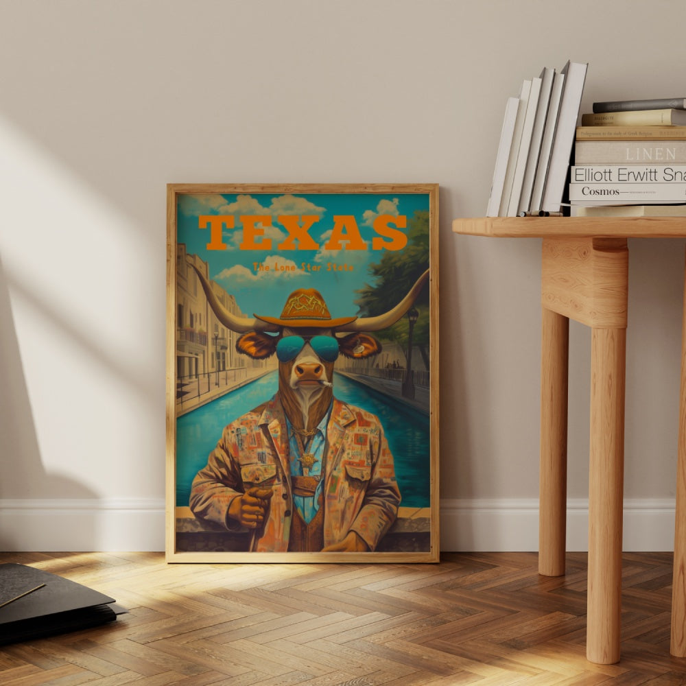 A vintage travel poster of Texas, the Lone Star State, featuring a Longhorn bull wearing a cowboy outfit with a cowboy hat and sunglasses. At the San Antonio River Walk.