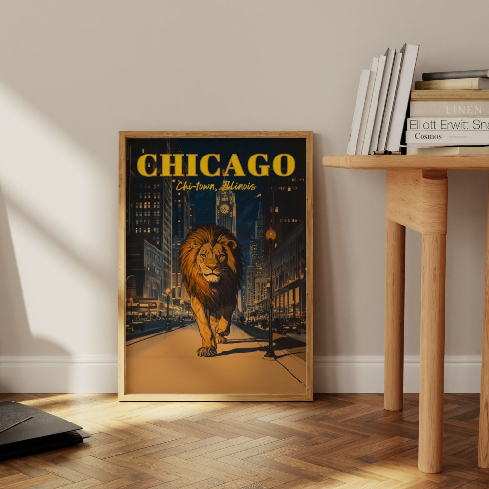 A vintage travel poster of a lion walking in the night streets of Chicago