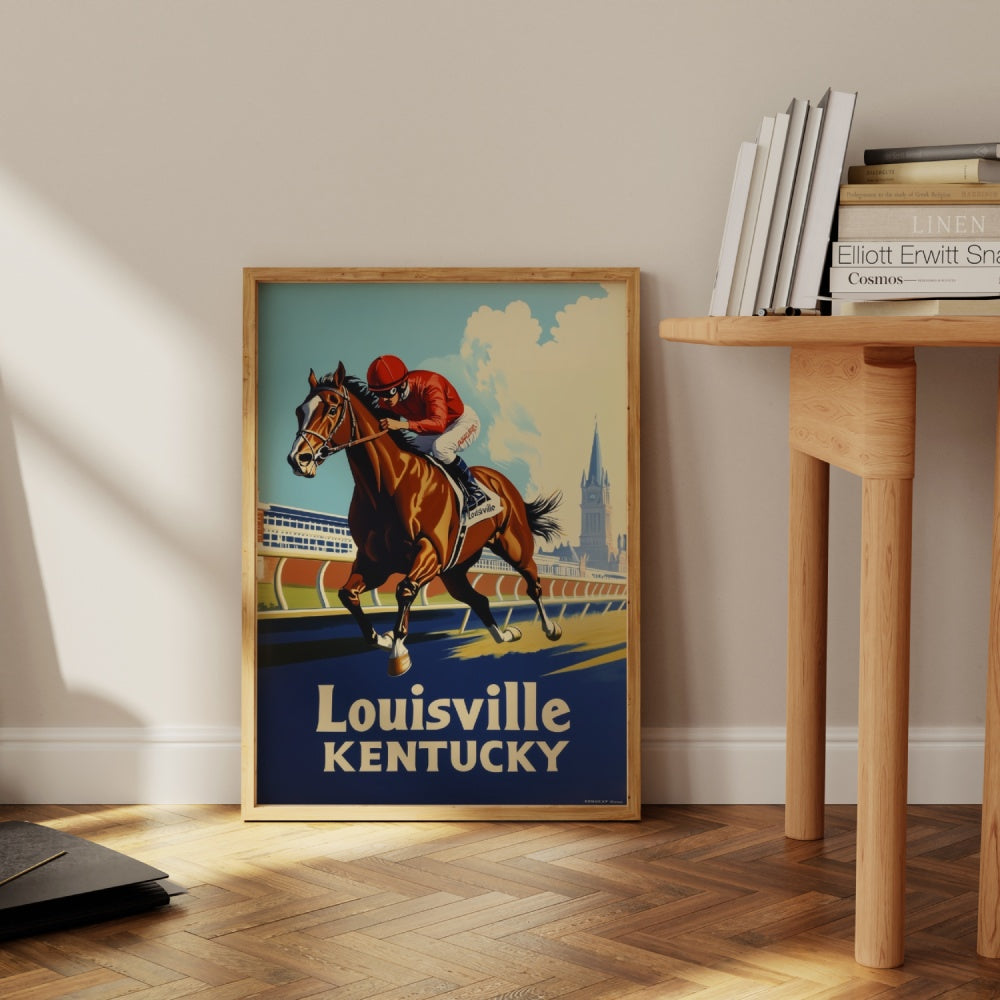 "Louisville, Kentucky", a vintage travel poster, featuring a horse derby in Louisville