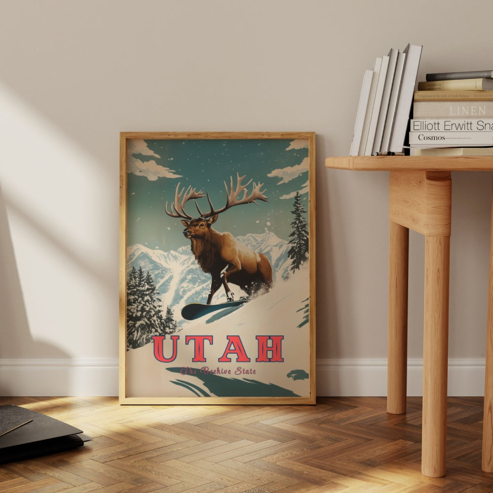 "Utah", a vintage travel poster, featuring a Rocky Mountain Elk snowboarding in the Utah mountains