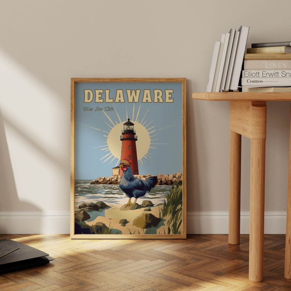 "Delaware", a vintage travel poster, featuring a blue hen chicken wearing shades and a bandana in front of the Delaware Breakwater lighthouse