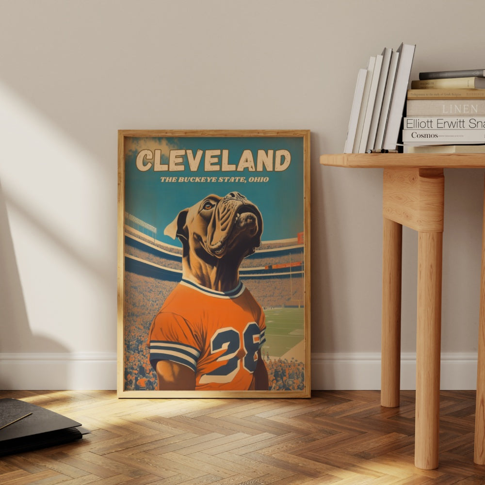 A vintage travel poster of a bull mastiff dog wearing a football jersey