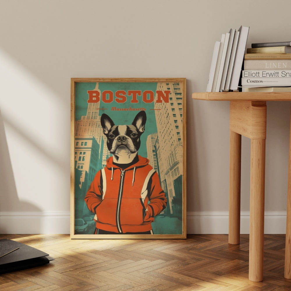 A vintage travel poster of Boston, featuring a Boston Terrier dressed in a retro tracksuit in downtown Boston