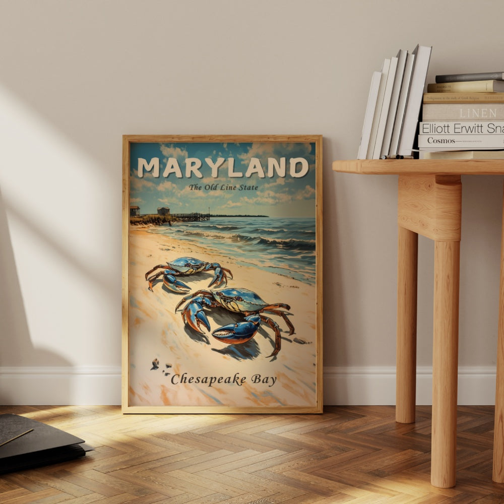 Vintage travel poster of Maryland, featuring 2 Maryland blue shell crabs on the beach of Chesapeake Bay