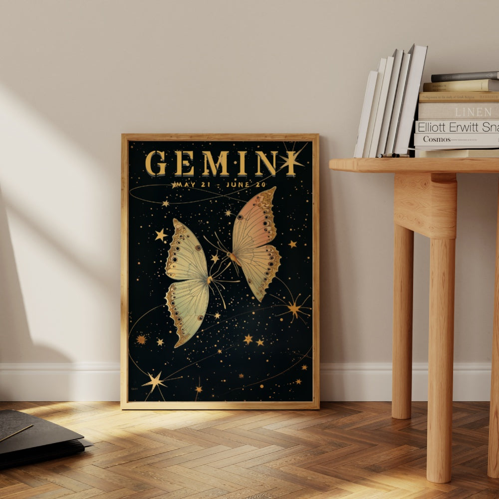 "Gemini", a vintage astrology poster, featuring twin butterflies flying in the night skies, bright stars