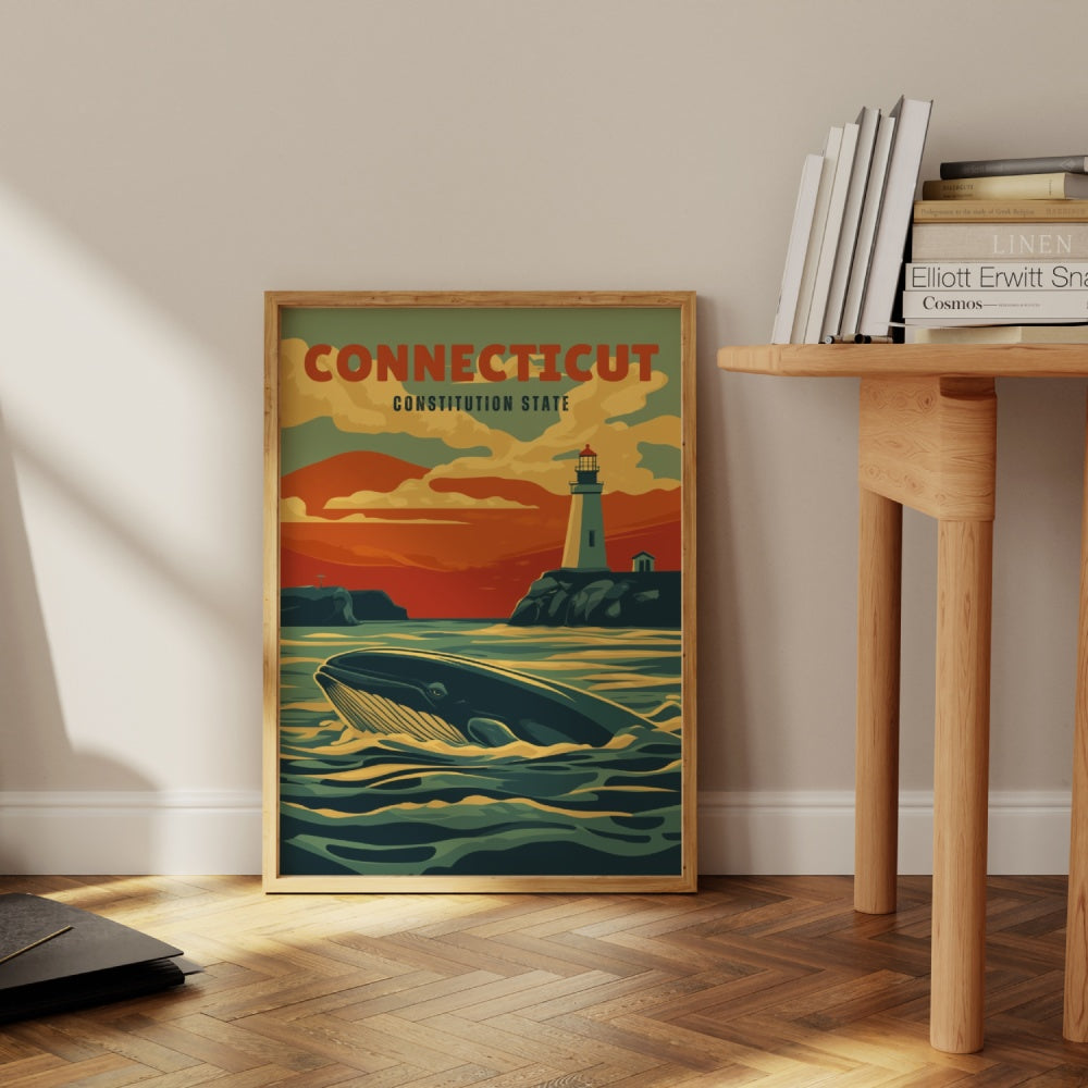 "Connecticut", a vintage travel poster, featuring a Sperm Whale swimming by the ports of the Connecticut river.