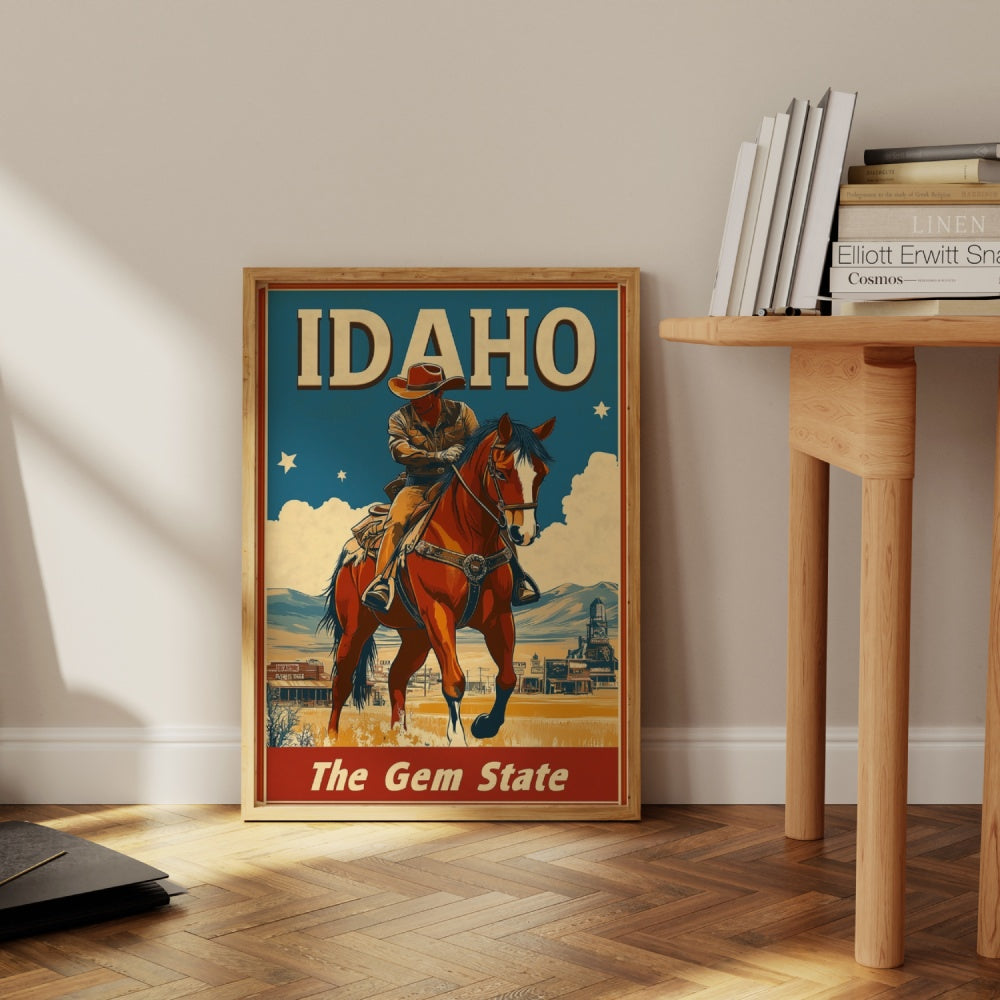 "Idaho", a vintage travel poster, featuring a cowboy on a horse in the old west of Idaho.