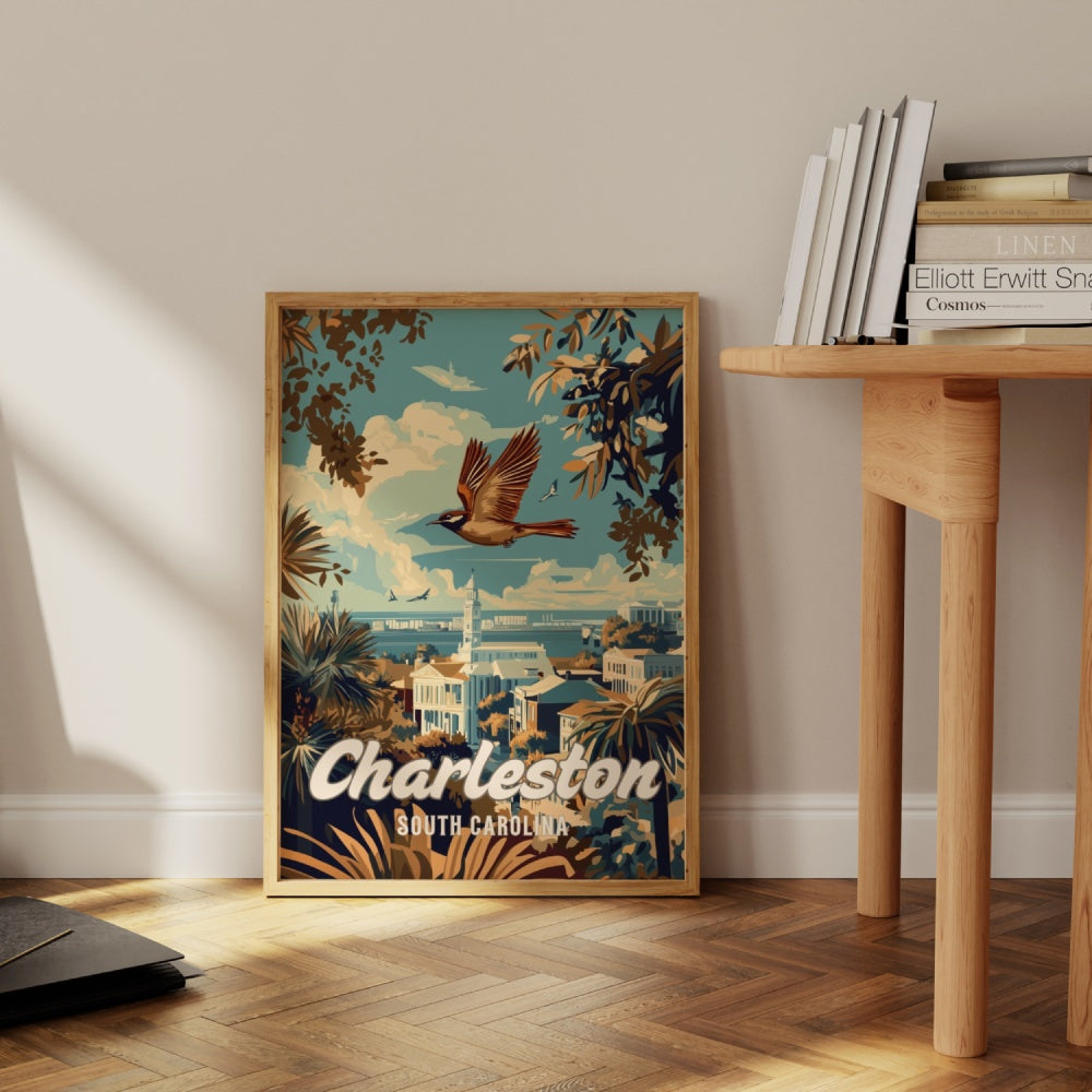 "Charleston", a vintage travel poster, featuring a Carolina wren flying over Charleston in South Carolina