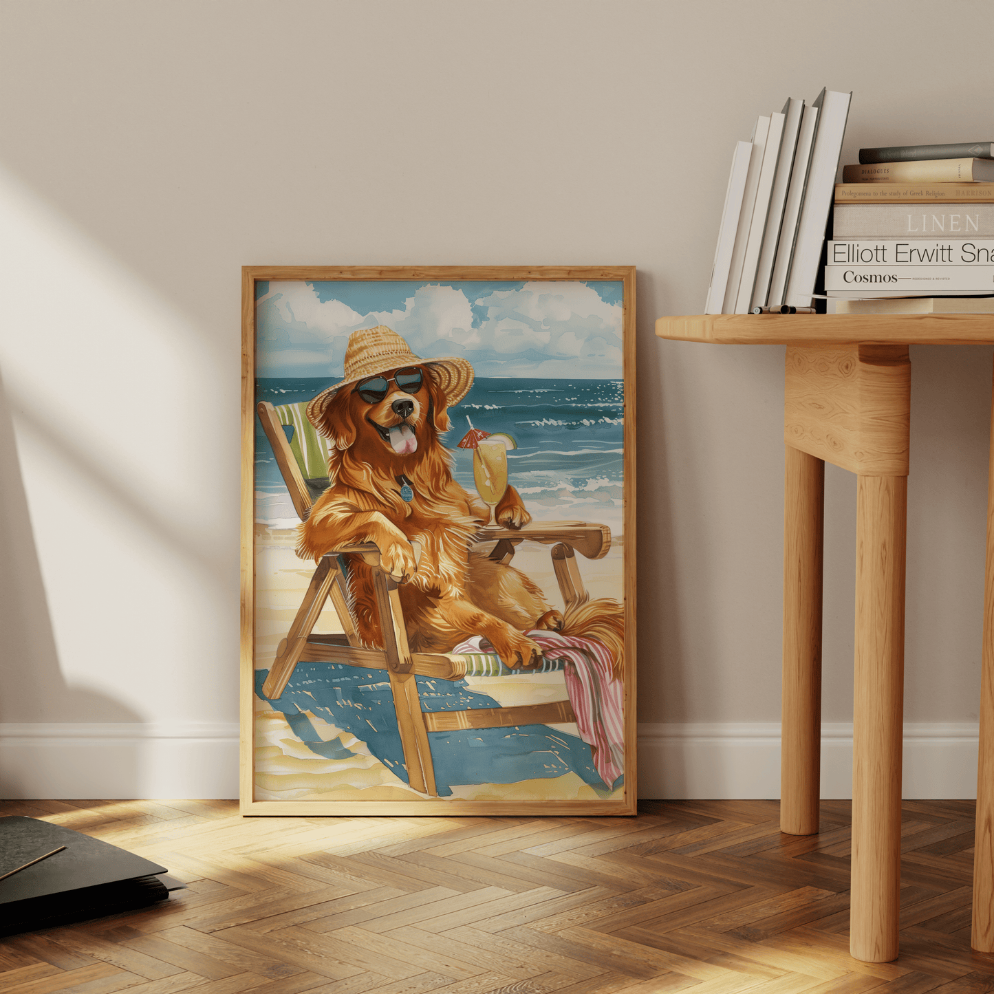 Painting of a Golden Retriever sunbathing at the beach with a cocktail, leaning against the office wall - Paw Prints