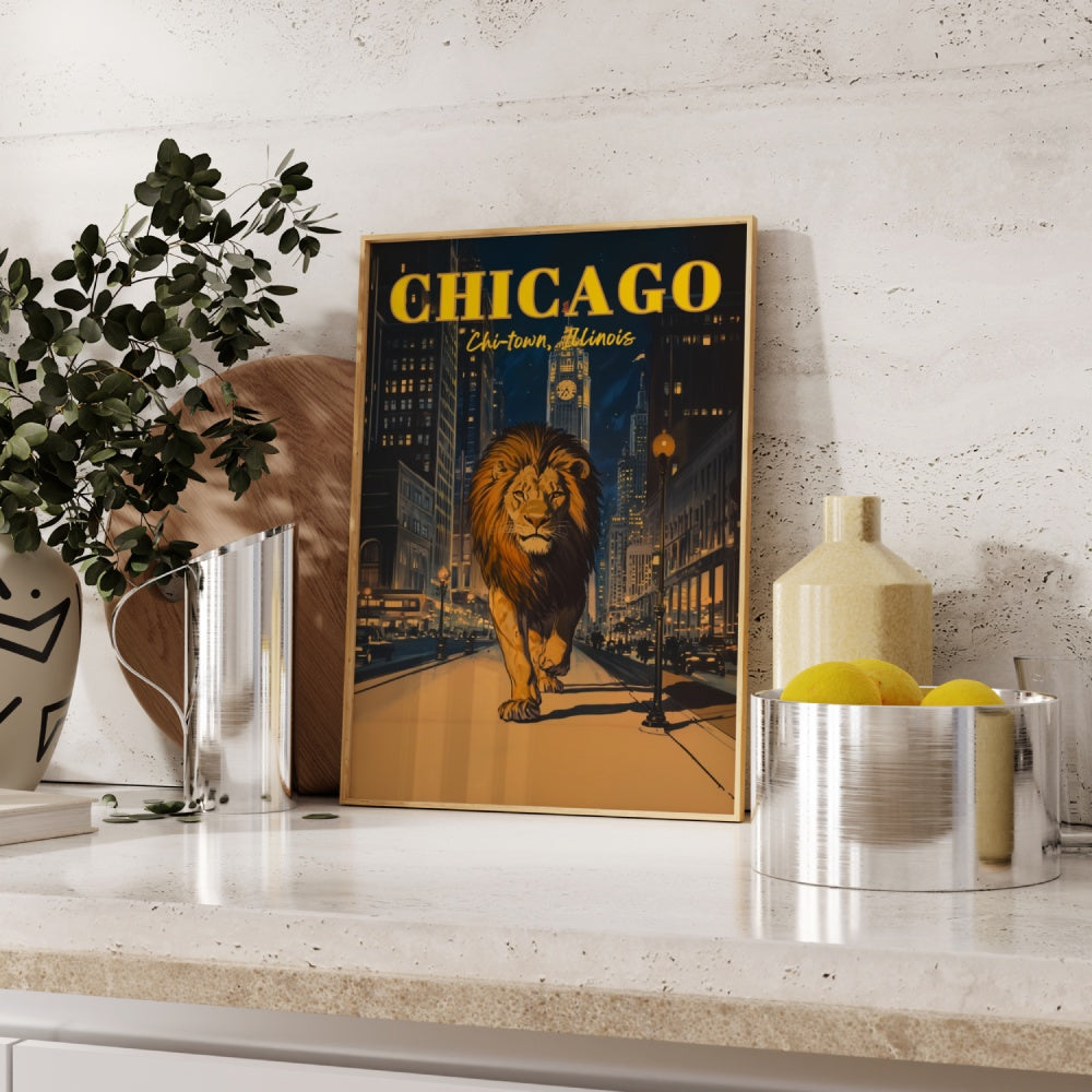 A vintage travel poster of a lion walking in the night streets of Chicago