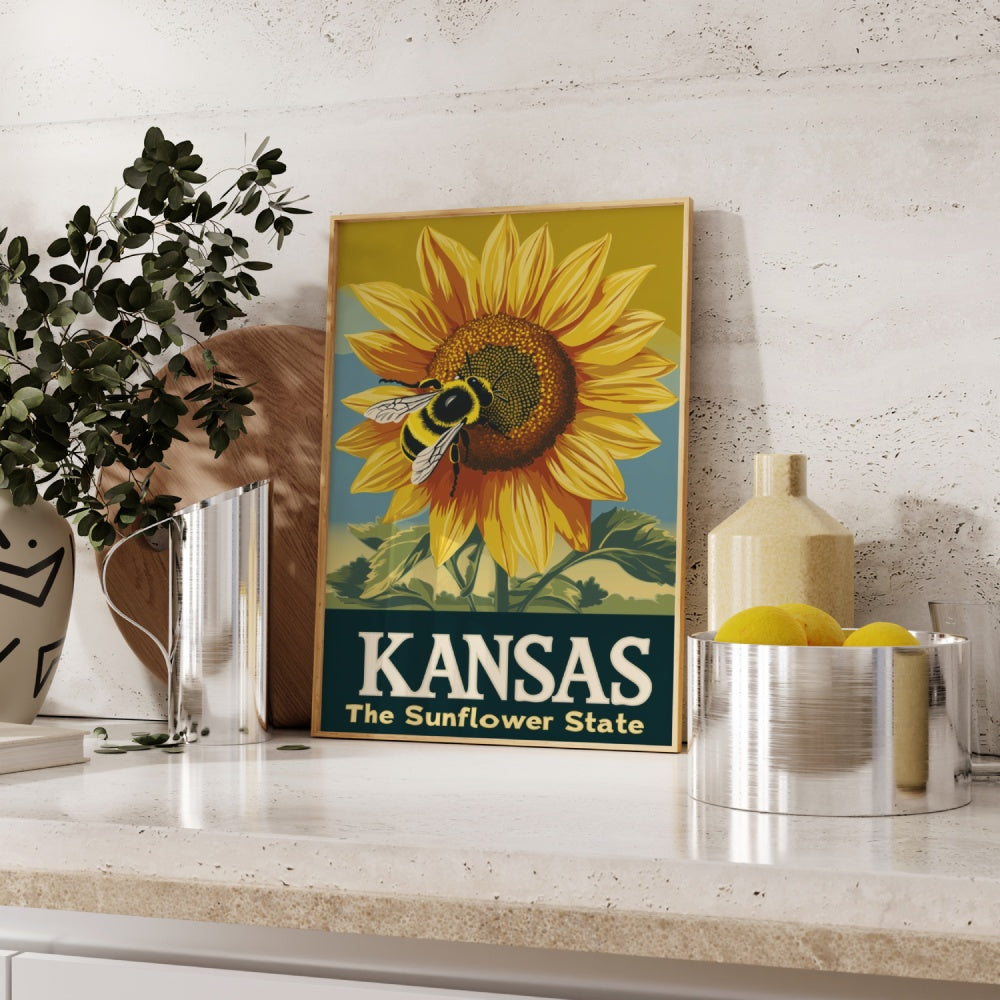 "Kansas", a vintage travel poster, featuring a honeybee ontop of a sunflower in the state of Kansas