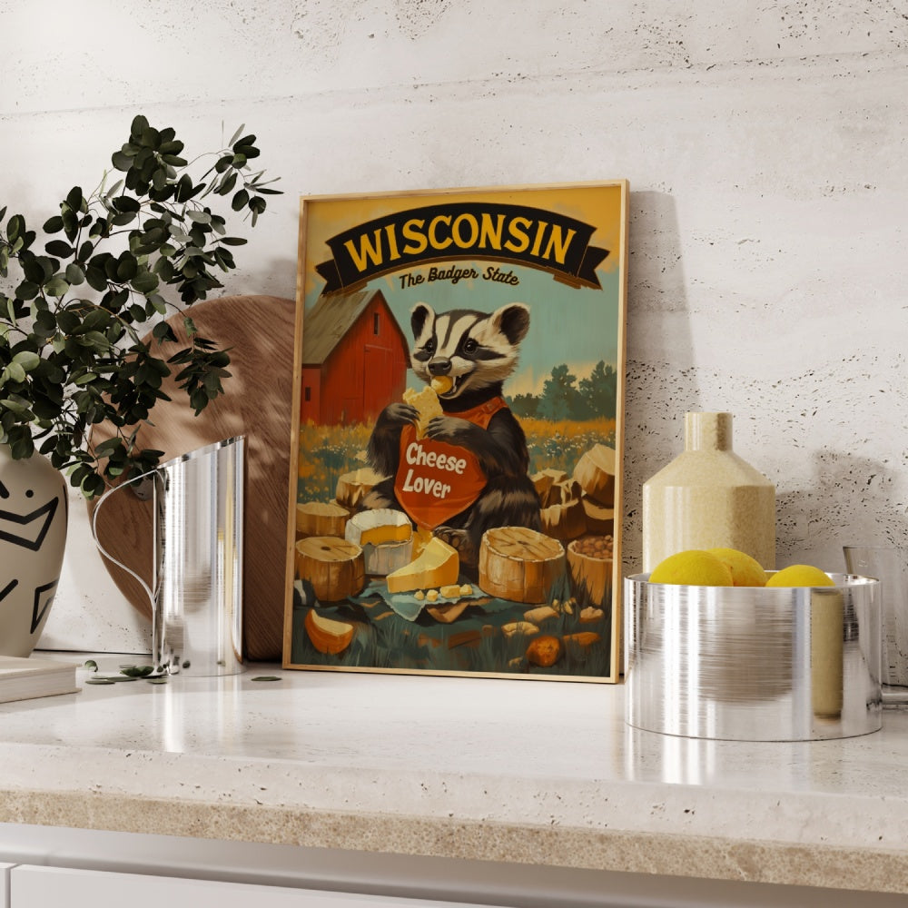 "Wisconsin", a vintage travel poster, featuring an American badger eating cheese in front of a red barn.