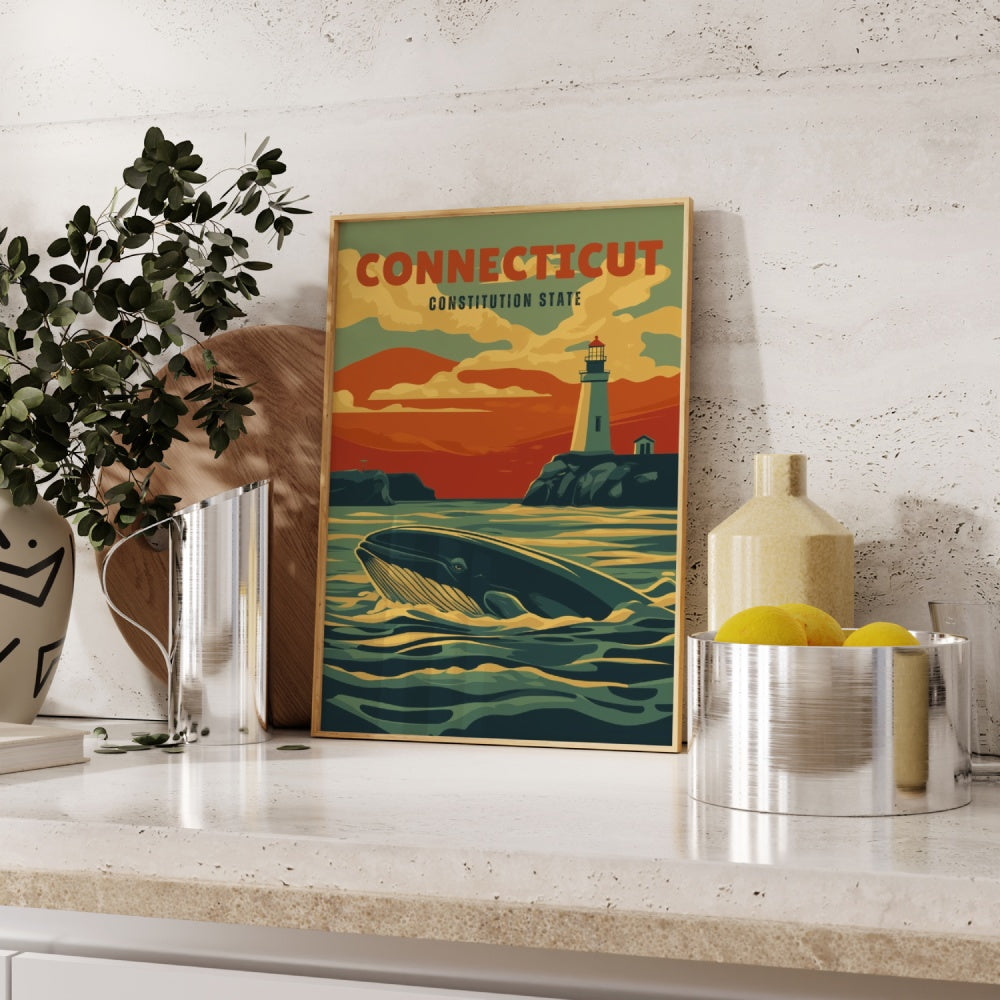 "Connecticut", a vintage travel poster, featuring a Sperm Whale swimming by the ports of the Connecticut river.