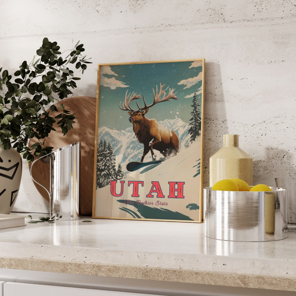 "Utah", a vintage travel poster, featuring a Rocky Mountain Elk snowboarding in the Utah mountains