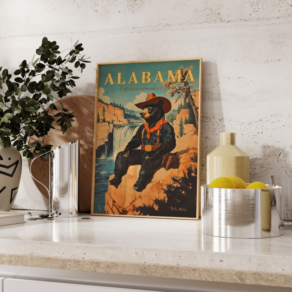 "Alabama", a vintage travel poster, featuring a country black bear wearing a cowboy outfit and hat sitting next to the little river canyon national preserve.