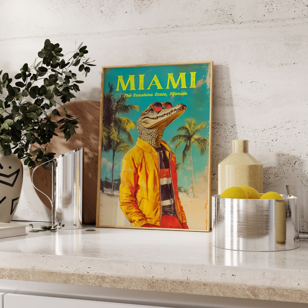 Vintage Travel poster of Miami Florida, featuring a crocodile wearing a tracksuit on Miami Beach. 