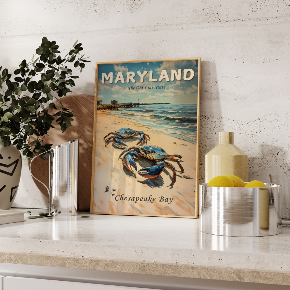 Vintage travel poster of Maryland, featuring 2 Maryland blue shell crabs on the beach of Chesapeake Bay