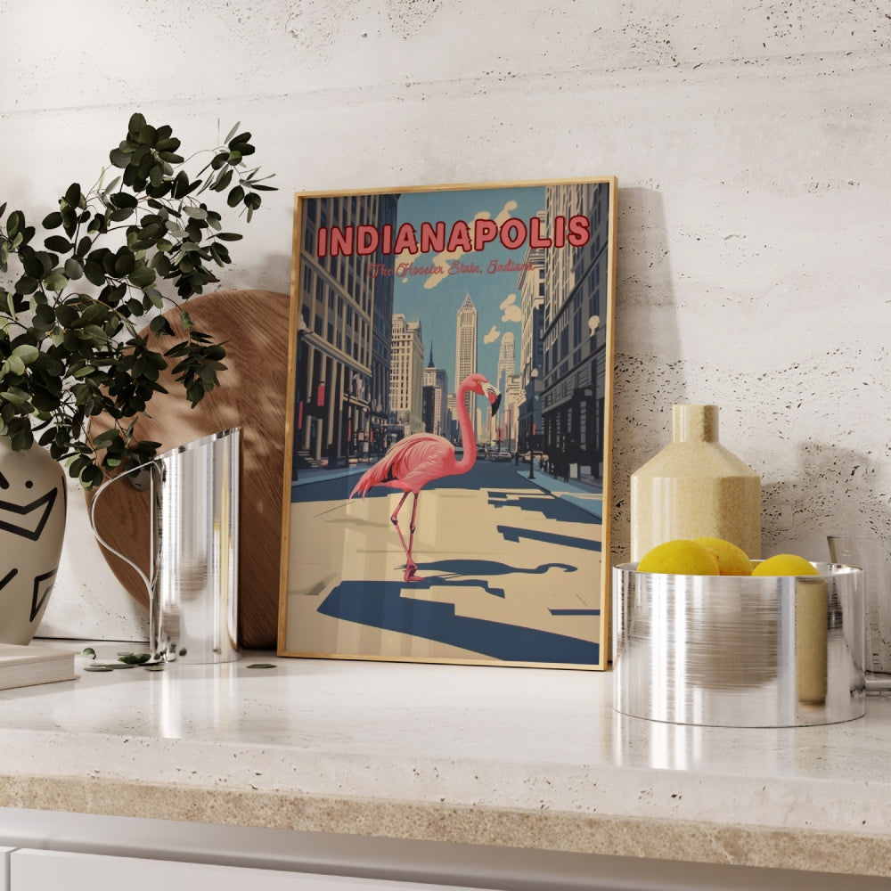 "Indianapolis", a vintage travel poster, featuring a pink flamingo walking in the streets of Indianapolis, Indiana.