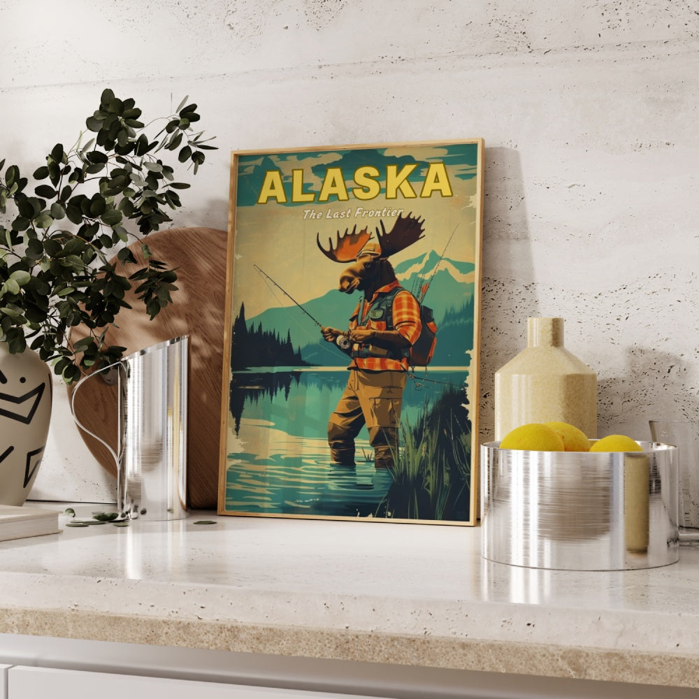 "Alaska", a vintage travel poster, featuring a Moose wearing fishing gear and hip waders, fly fishing at an Alaskan river 