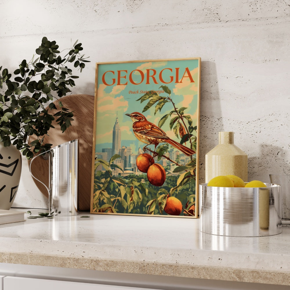 "Georgia", a vintage travel poster, featuring a Brown thrasher perched on a peach tree in Atlanta.