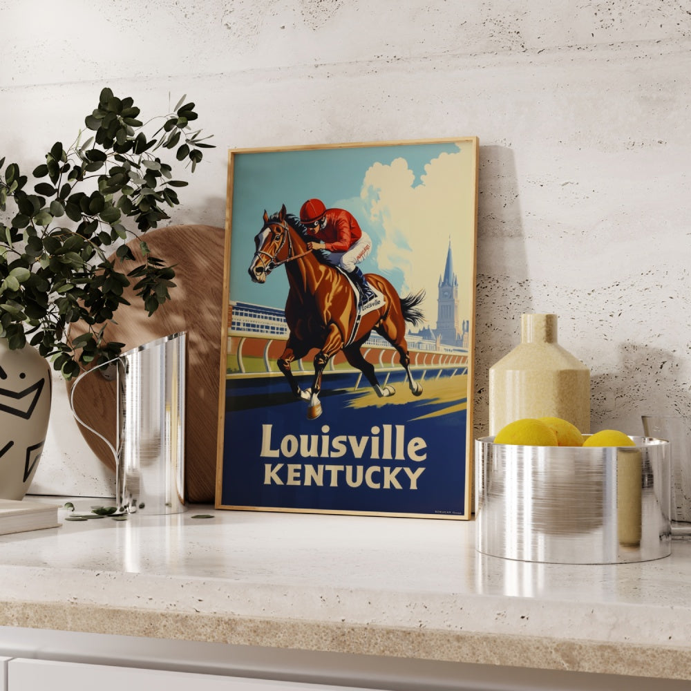 "Louisville, Kentucky", a vintage travel poster, featuring a horse derby in Louisville