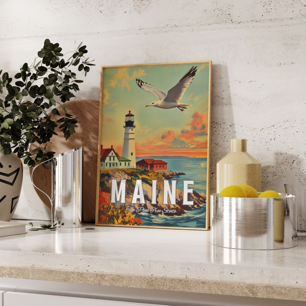 "Maine", a vintage travel poster, featuring a seagull flying next to the Portland Head Light