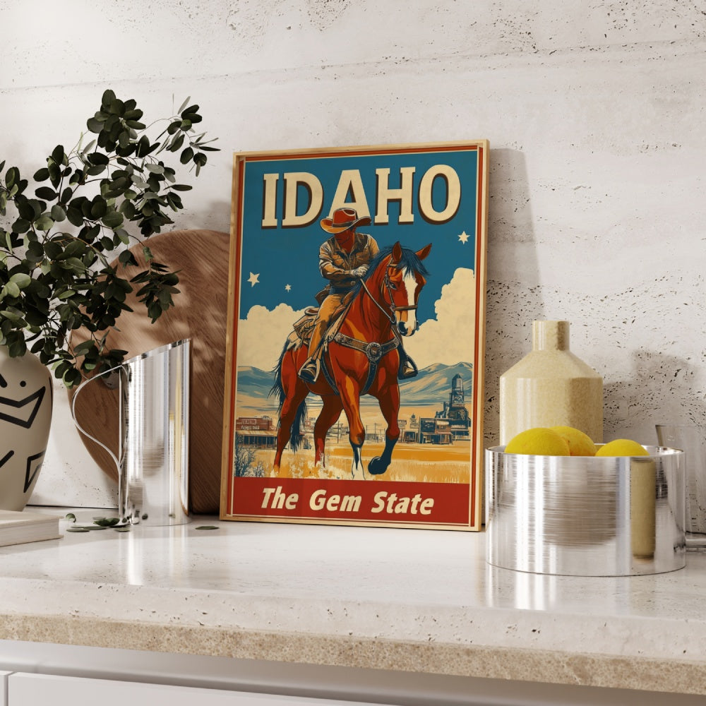 "Idaho", a vintage travel poster, featuring a cowboy on a horse in the old west of Idaho.