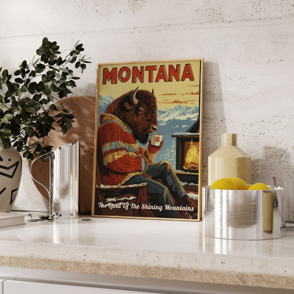 "Montana", a vintage travel poster, featuring a bison drinking coffee in the winters of the Montana mountains