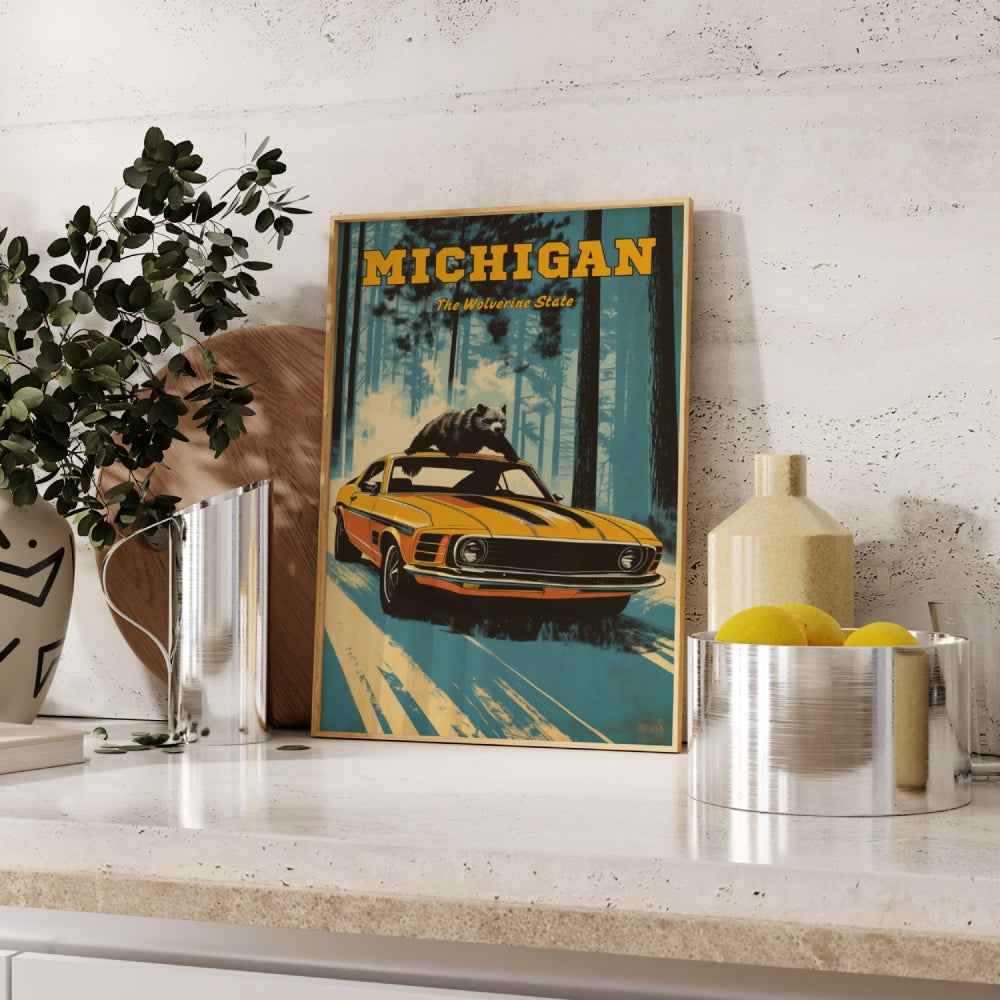 A vintage travel poster of Michigan, featuring a Wolverine on-top of a classic muscle car in the forest of Michigan