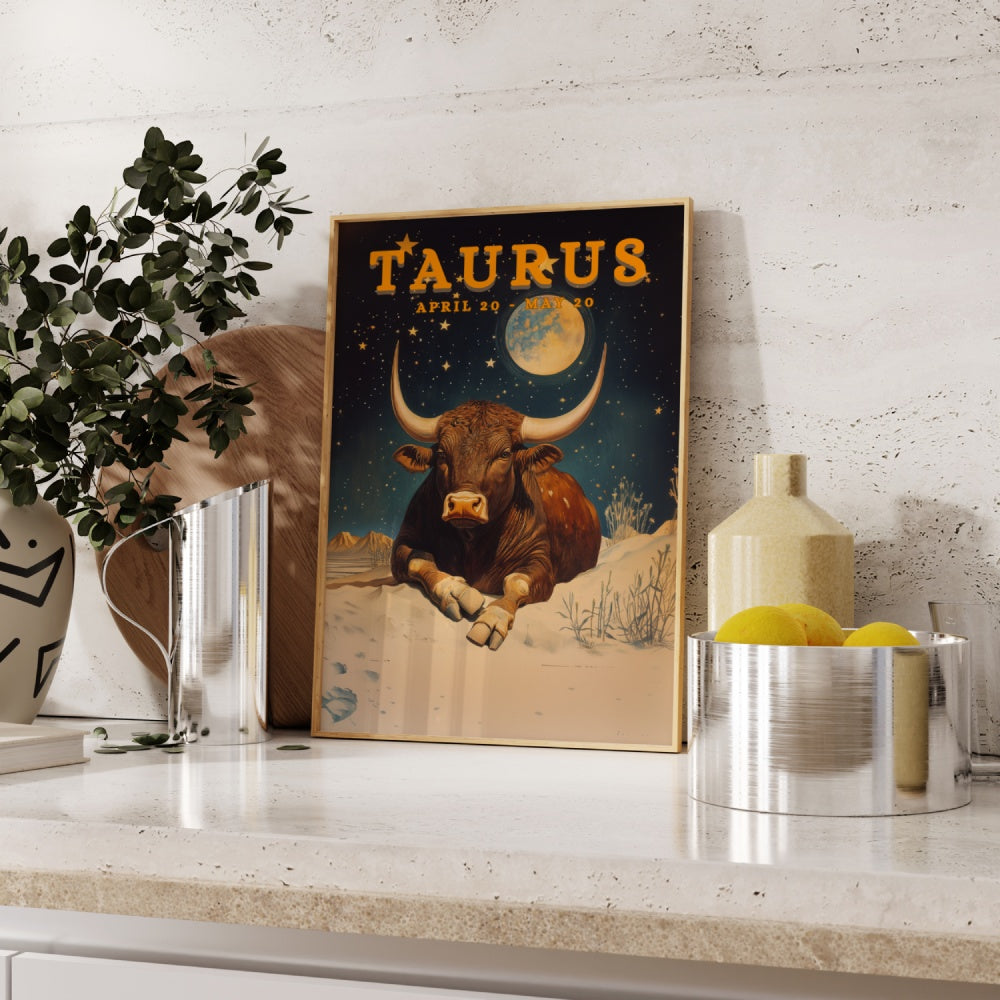 "Taurus", a vintage astrology poster, featuring a bull sitting peacefully under the stary night skies