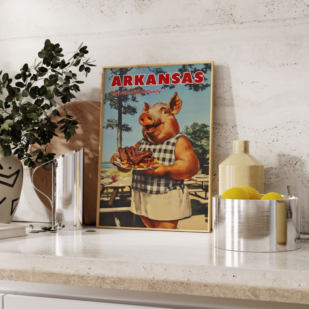 "Arkansas", a vintage travel poster, featuring a wild hog holding a plate of southern bbq ribs