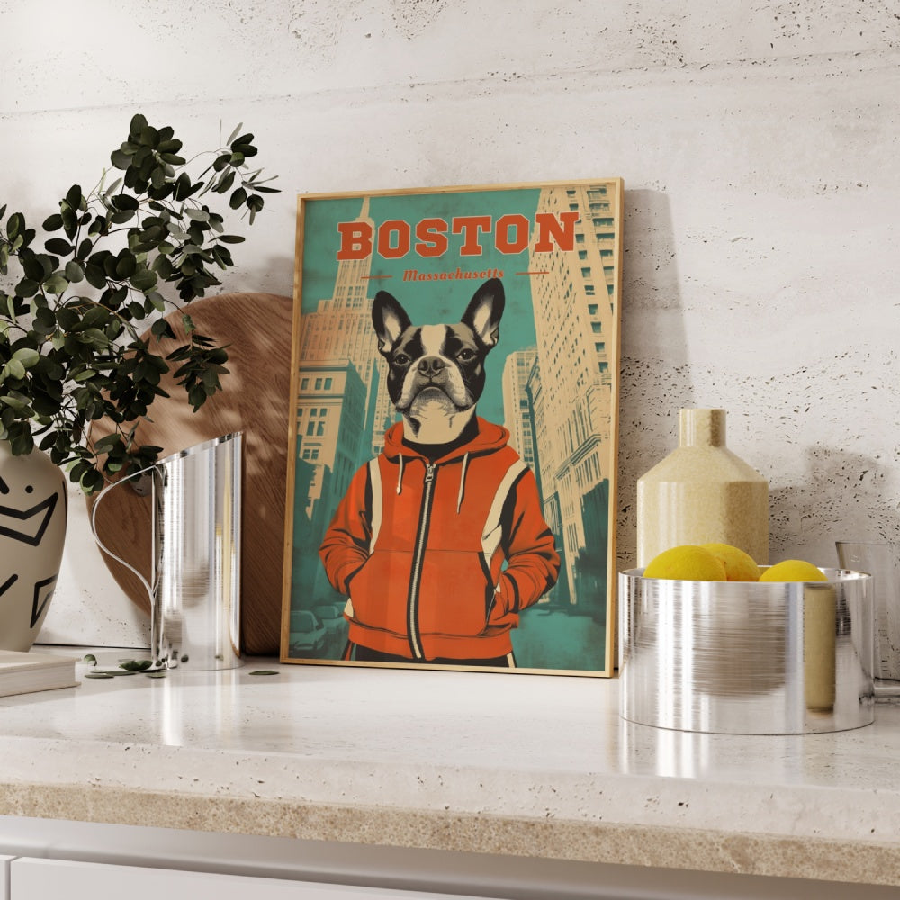 A vintage travel poster of Boston, featuring a Boston Terrier dressed in a retro tracksuit in downtown Boston