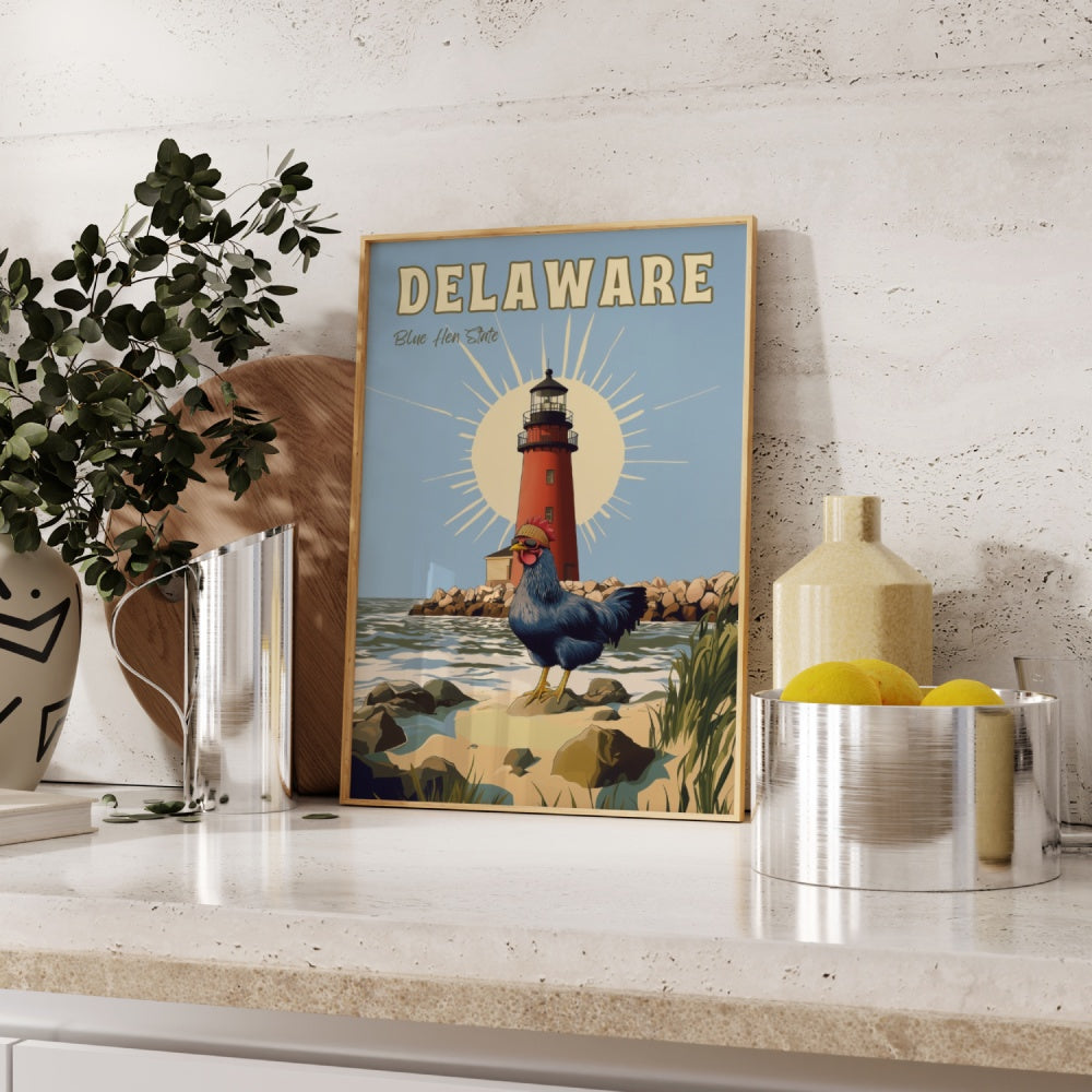 "Delaware", a vintage travel poster, featuring a blue hen chicken wearing shades and a bandana in front of the Delaware Breakwater lighthouse