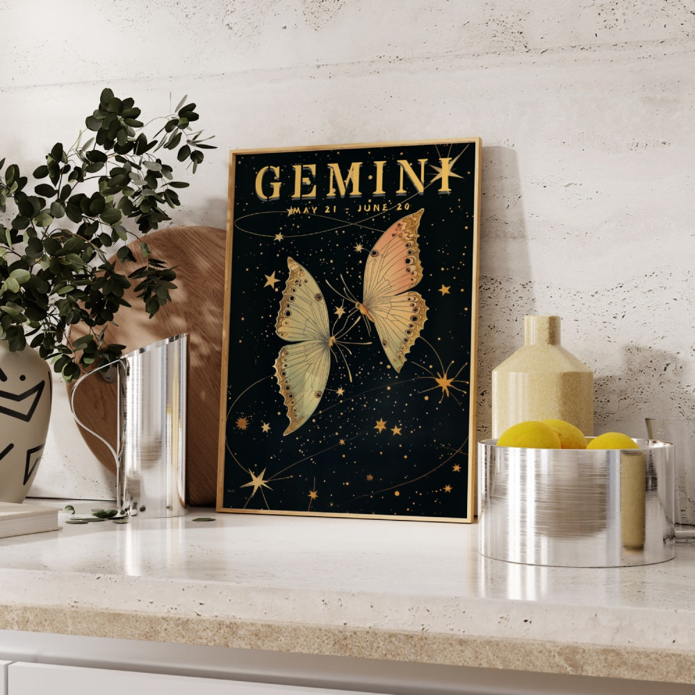 "Gemini", a vintage astrology poster, featuring twin butterflies flying in the night skies, bright stars