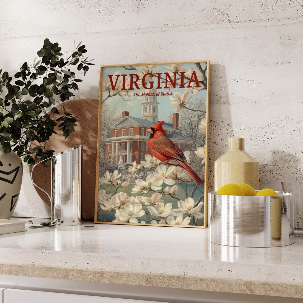 a vintage travel poster, featuring a Virginia Northern Cardinal perched on a tree of dogwood and magnolia flowers