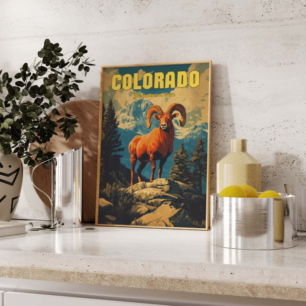 A vintage travel poster of Colorado, featuring a Rocky Mountain Bighorn Sheep on the rocky mountains of Colorado