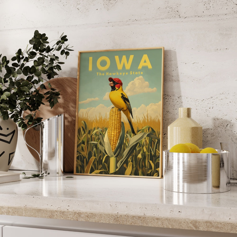 "Iowa", a vintage travel poster, featuring an American goldfinch standing on a ripe corn on a farm field, wearing a farmer's hat