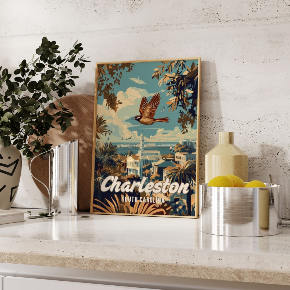 "Charleston", a vintage travel poster, featuring a Carolina wren flying over Charleston in South Carolina