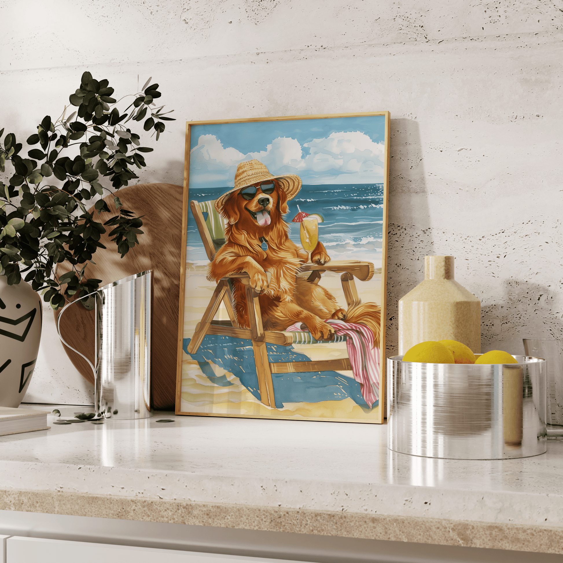 Painting of a Golden Retriever sunbathing at the beach with a cocktail, leaning against the kitchen counter - Paw Prints