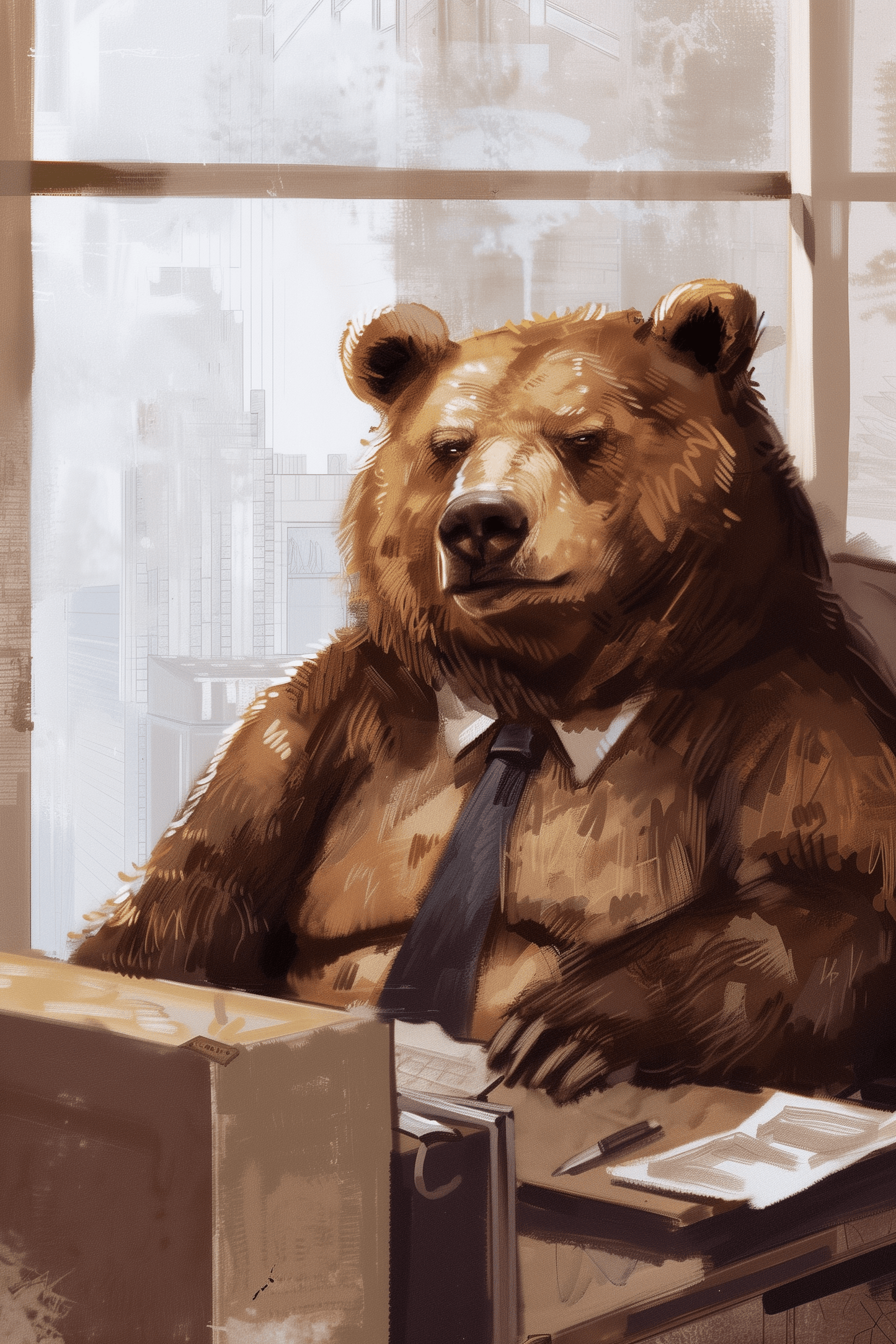 Paw Prints humorous impressionist art piece of a bear working as an office manager, wearing a tie and looking grumpy. 