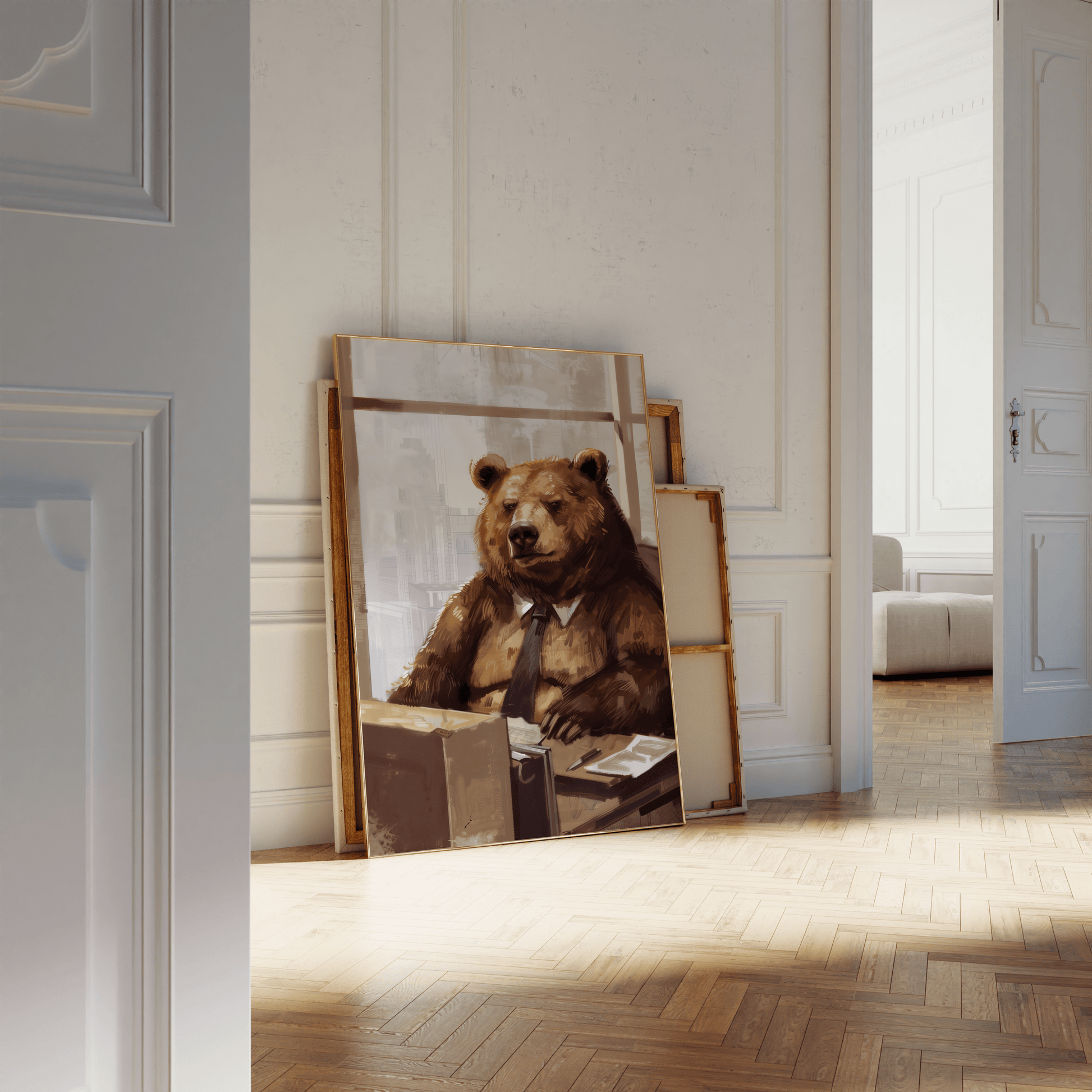 Paw Prints framed poster of a grumpy bear working as an office manager, wearing a tie, leaning against a white bathroom wall.