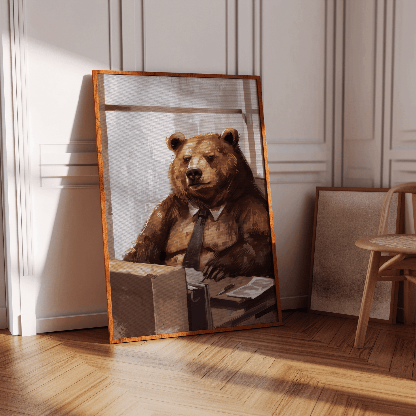 Framed poster of a bear working as an office manager, wearing a tie and looking grumpy in an empty hallway. 