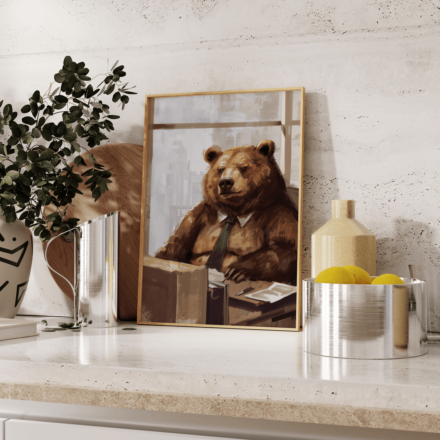 Paw Prints framed poster of a grumpy bear working as an office manager, wearing a tie, leaning against the kitchen counter. 