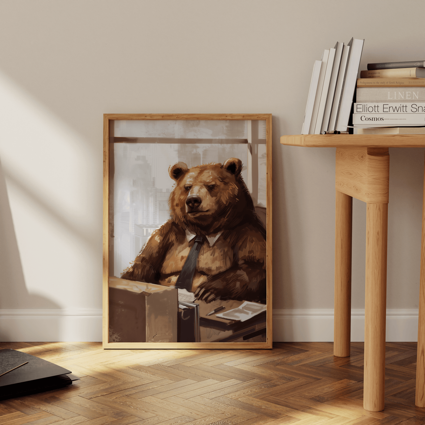 Paw Prints framed poster of a grumpy bear working as an office manager, wearing a tie, leaning against the office floor. 