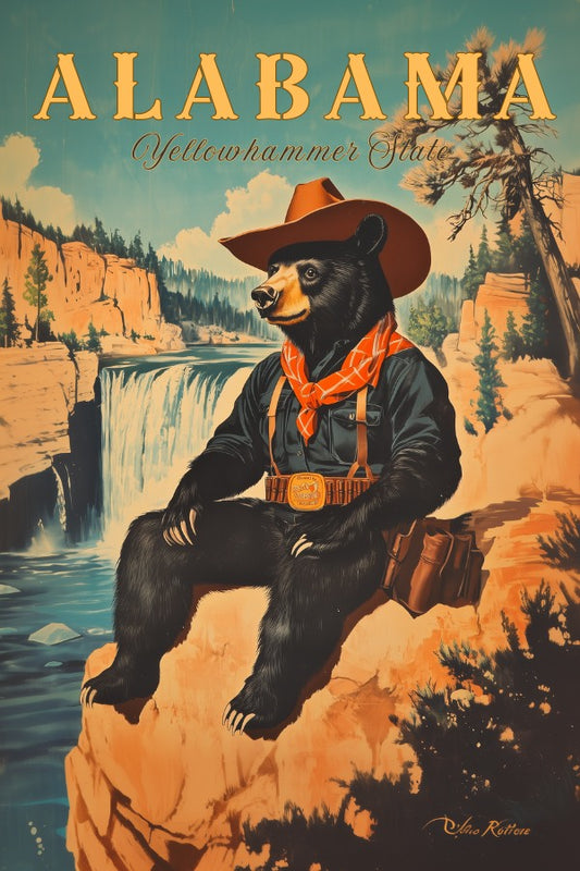 "Alabama", a vintage travel poster, featuring a country black bear wearing a cowboy outfit and hat sitting next to the little river canyon national preserve.